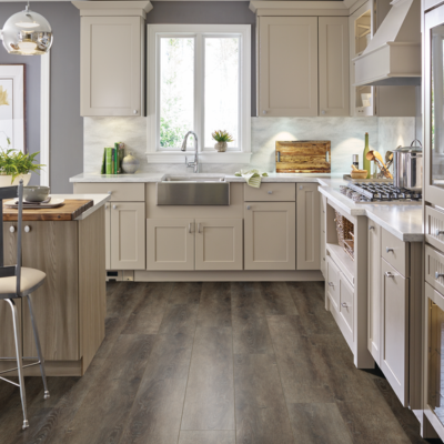 wood flooring in kitchen with modern decor